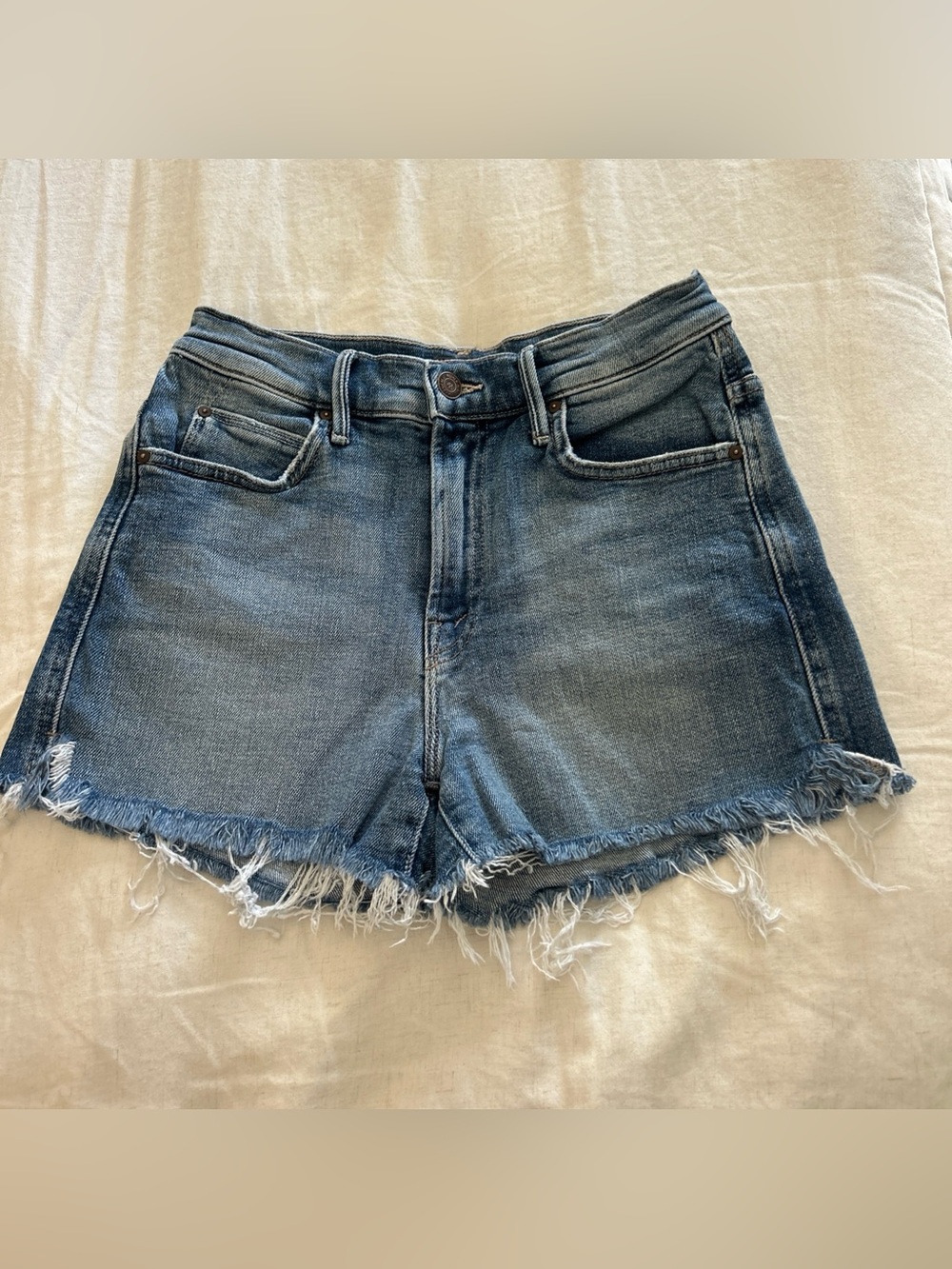 Mother Rascal Slit Flip Denim Fray Shorts Night On A Shiny White Vespa Sz 25